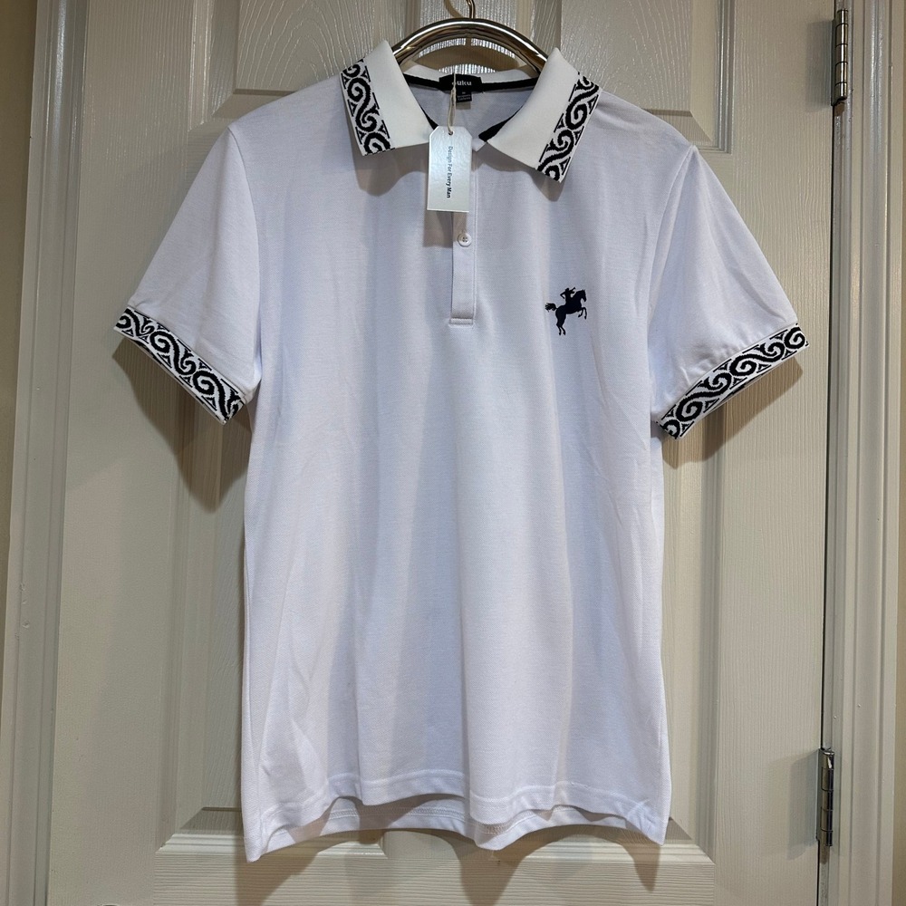 Ouku Mens White Short Sleeve Polo Shirt‎ Scroll Trim Horse Logo Size Medium NEW